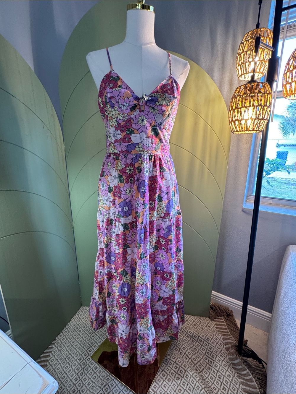 miami Pink and Purple Floral Spaghetti-Strap Maxi Dress